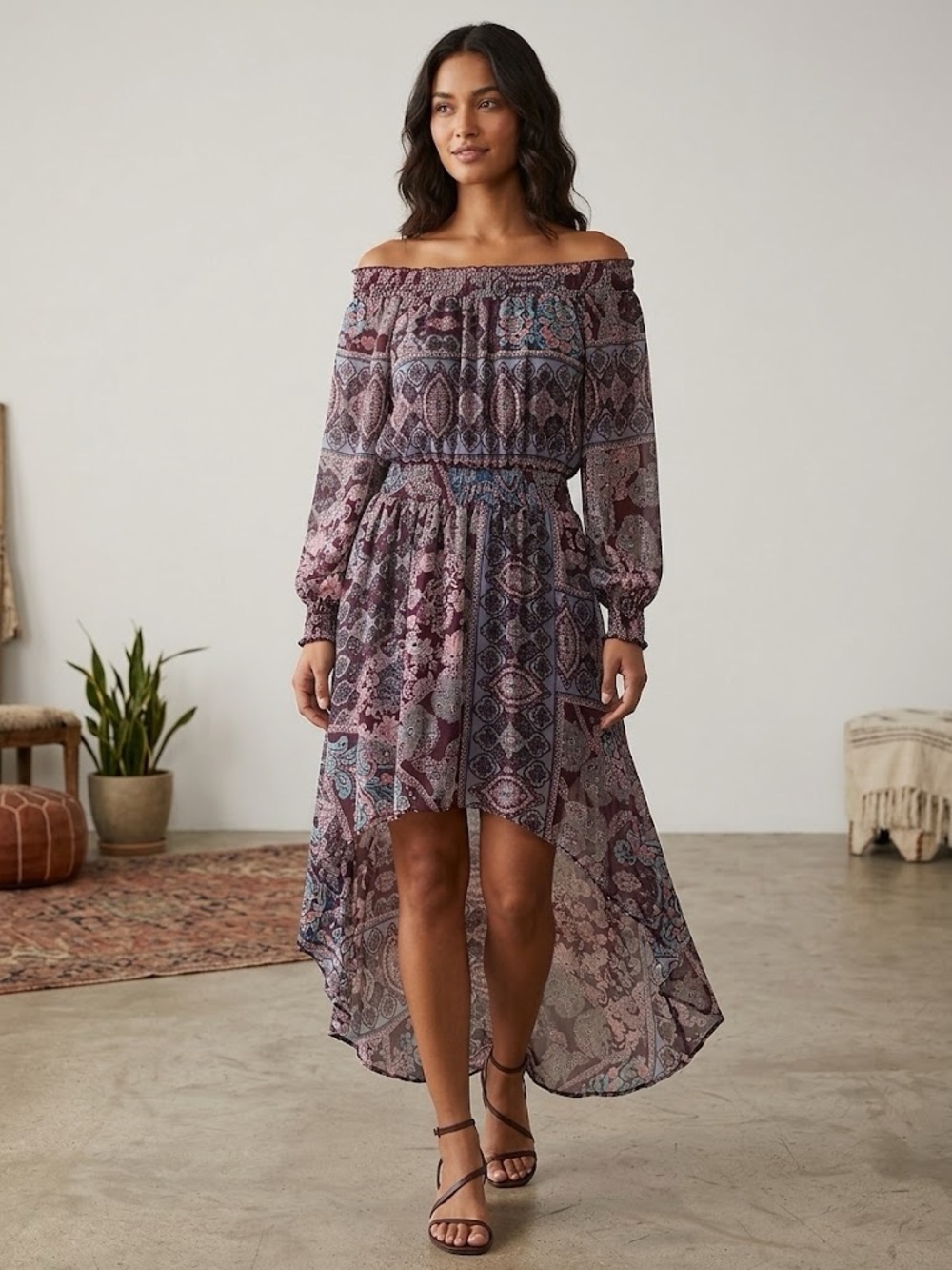 Fire Los Angeles Boho Paisley High Low Off The Shoulder Maxi Dress Size M